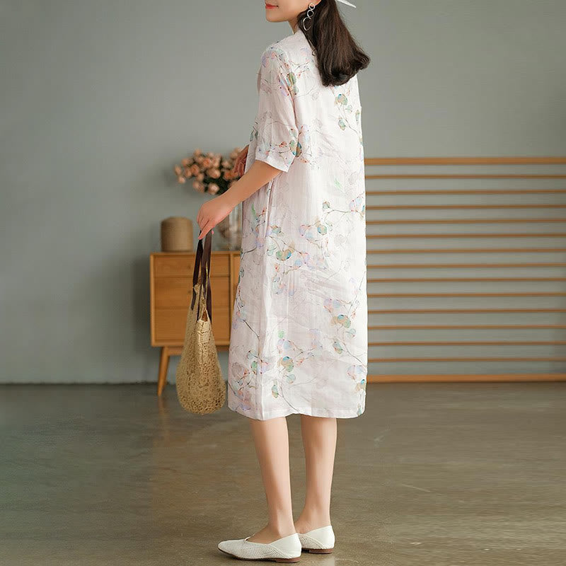 Frog-button Leaves Branches Midi Dress Cotton Linen Short Sleeve Dress With Pockets