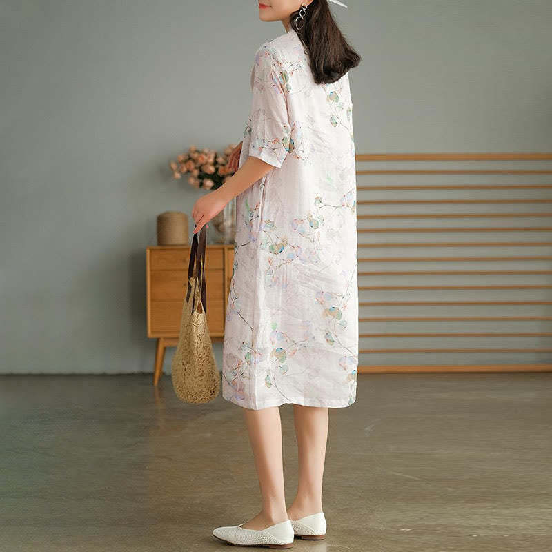 Frog-button Leaves Branches Midi Dress Cotton Linen Short Sleeve Dress With Pockets