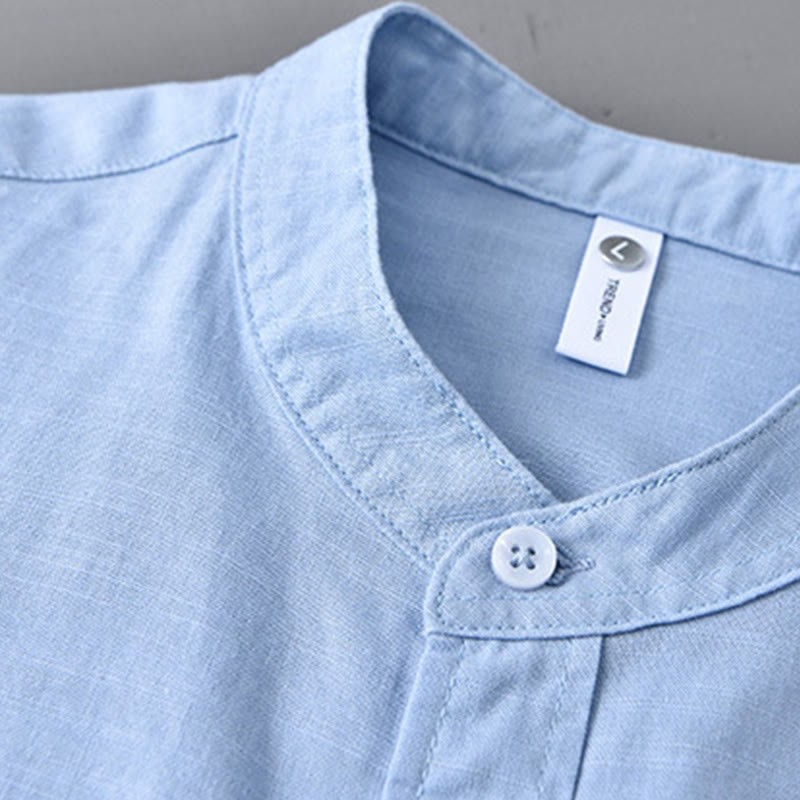 Men's Long Sleeve Stand Collar With Pocket Pure Color Casual Cotton Linen Shirt
