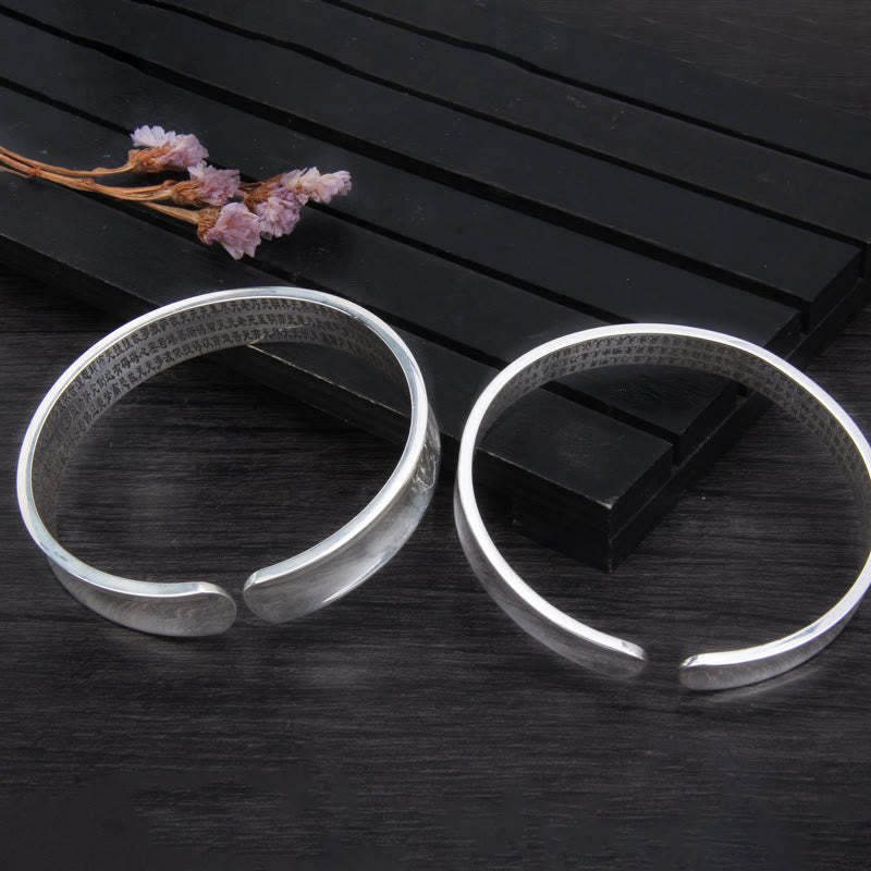 999 Sterling Silver Om Mani Padme Hum Heart Sutra Love Peace Bracelet Bangle
