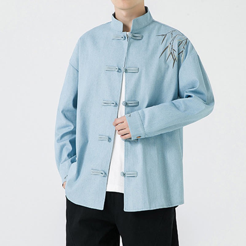 Bamboo Leaves Design Frog-button Tang Suit Cotton Men's Jacket Shirt