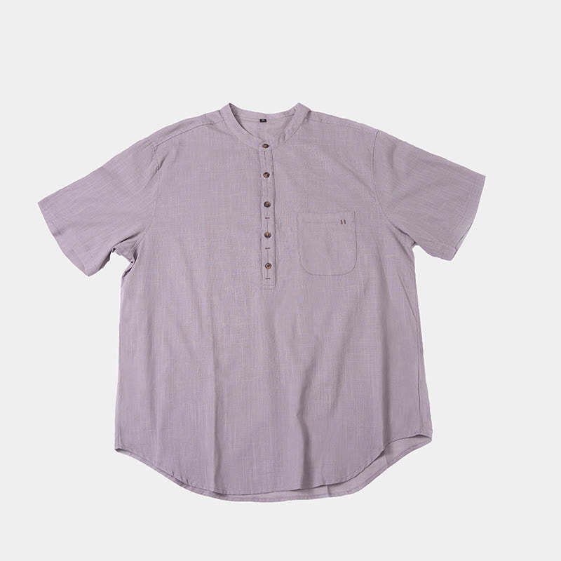 Men's Summer Solid Color Short Sleeve Half Button Cotton Linen Shirt
