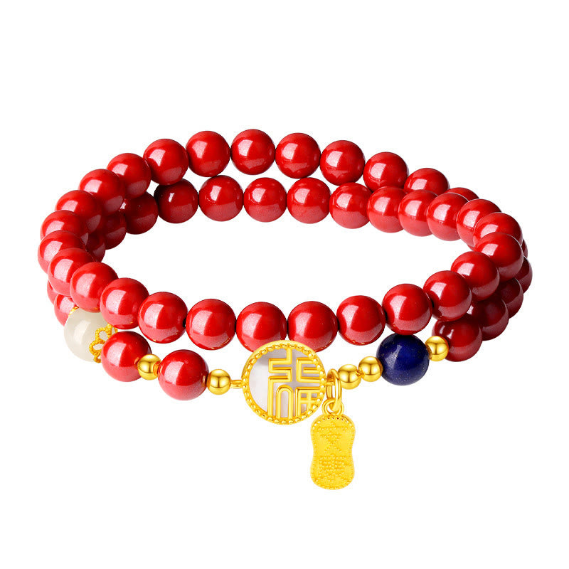 925 Sterling Silver Cinnabar Tridacna Stone Fu Character Double Wrap Blessing Bracelet