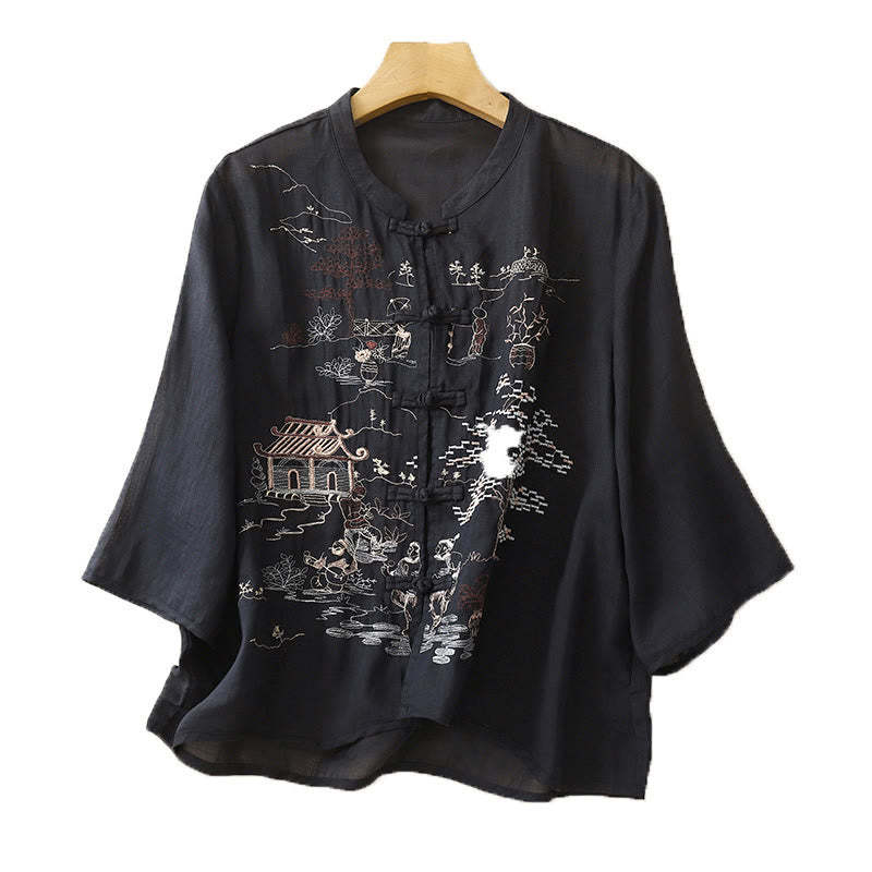 Casual Women's Frog-Button Embroidered Plant Crew Neck Design Three Quarter Sleeve Cotton Shirt