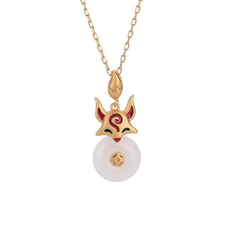 White Jade Fox Copper Coin Protection Luck Necklace Pendant
