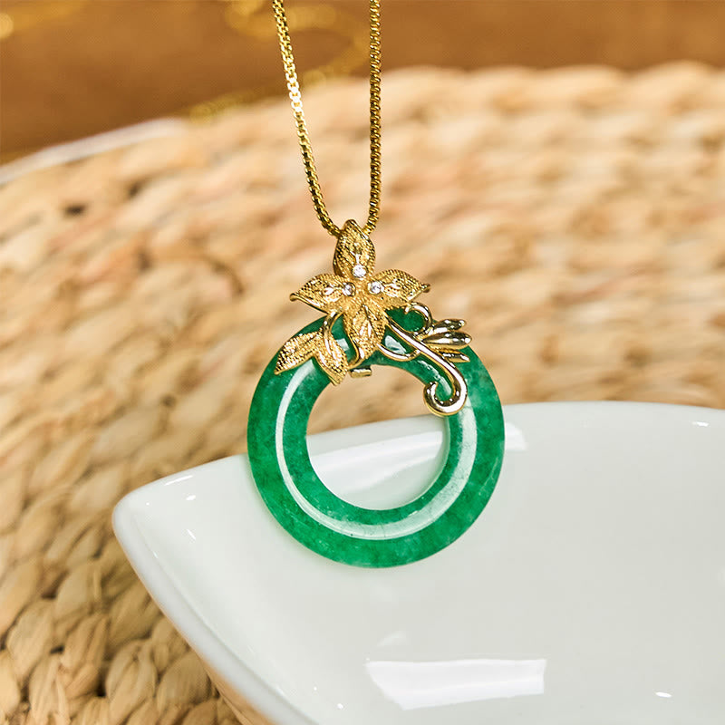 Cyan Jade Peace Buckle Alloy Flower Healing Luck Necklace Pendant