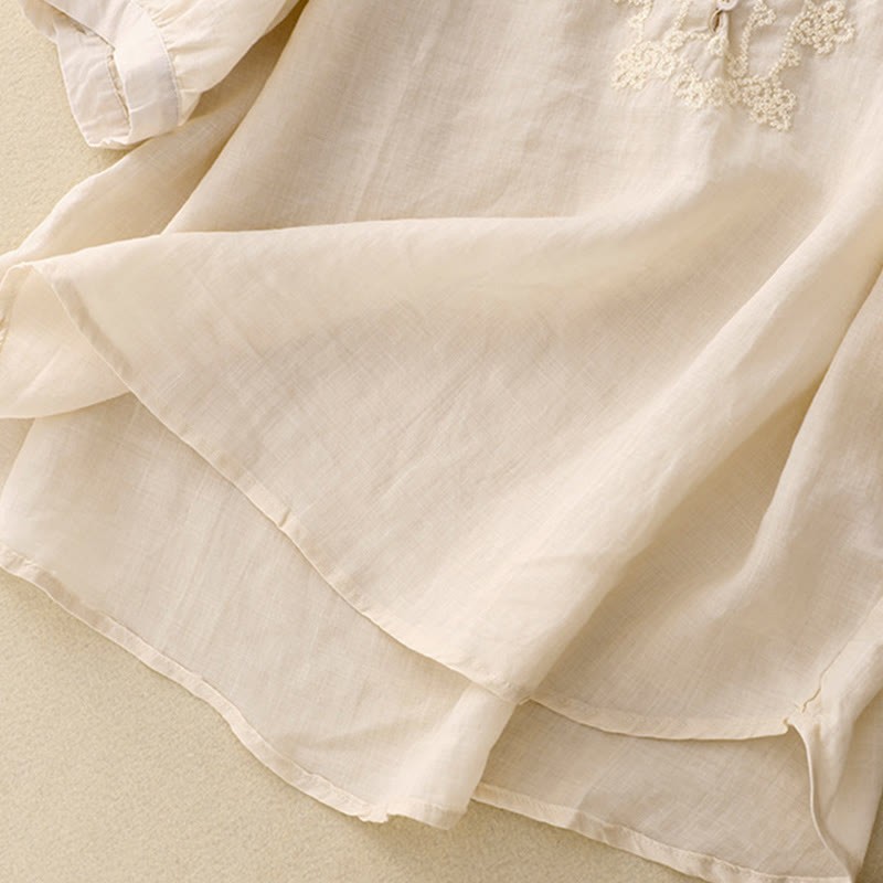 Casual Women's Plain Frog Buckle Design Half Sleeve Cotton Linen Shirt