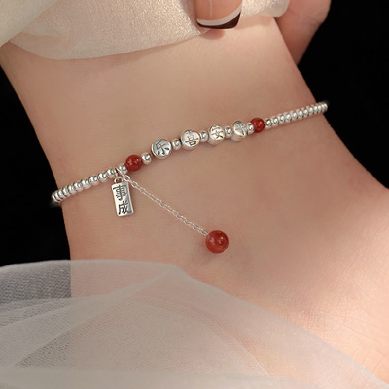 925 Sterling Silver Small Beads Red Agate Peace And Joy Blessing Anklet