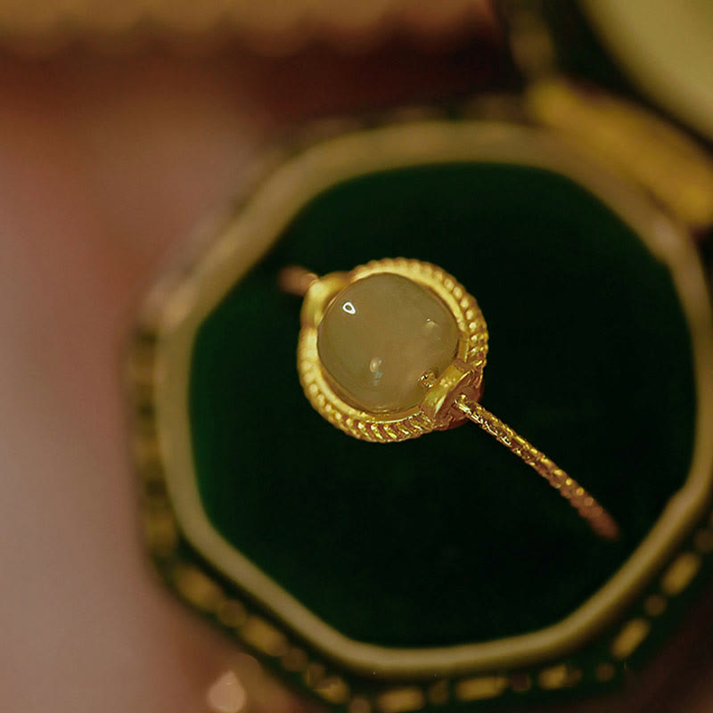 14K Gold Plated Round Jade Luck Prosperity Adjustable Ring