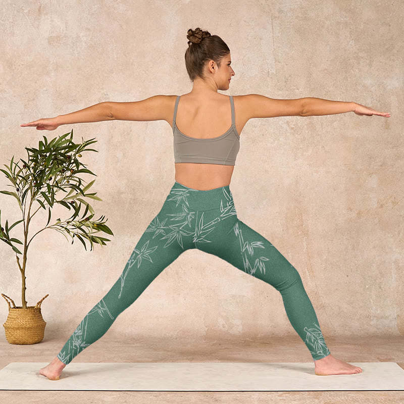 Green White Bamboo Leaves Print Gym Leggings Women's Yoga Pants