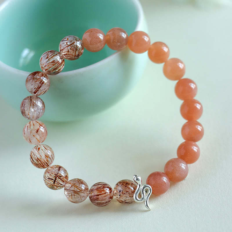 Natural Sun Stone Super Seven Crystal Silver Sheen Obsidian Rutilated Quartz 925 Sterling Silver Year Of The Snake Positive Bracelet