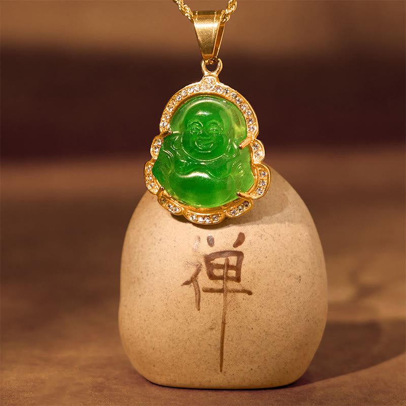18K Gold Filled Laughing mystic zen Jade Luck Necklace Chain Pendant