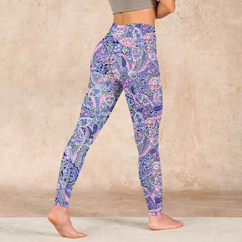 Purple Pink Cashew Flower Print Gym Fitness Leggings Women's Yoga Pants
