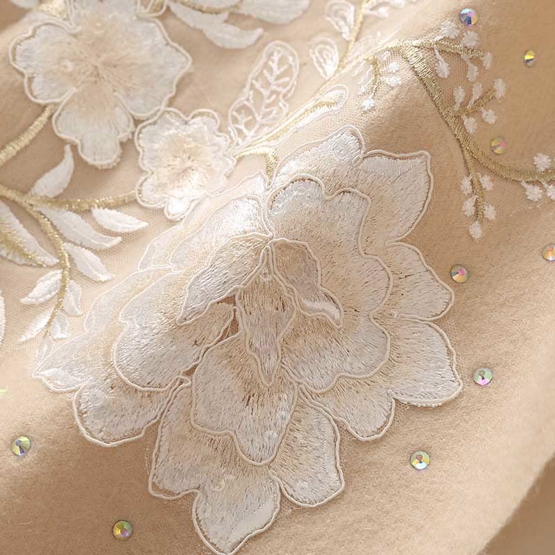 Wool Shawl White Flower Embroidery Tassel Winter Cozy Travel Scarf Wrap