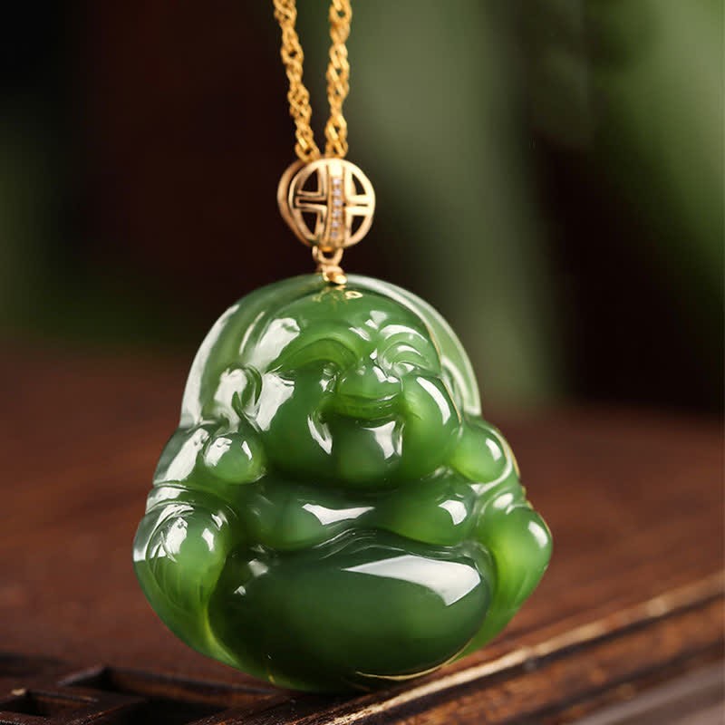 925 Sterling Silver Laughing mystic zen Hetian Cyan Jade 18K Gold Success Necklace Chain Pendant