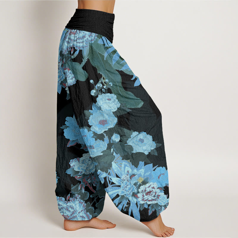Casual Peony Lotus Leaves Pattern Women's Elastic Waist Harem Pants