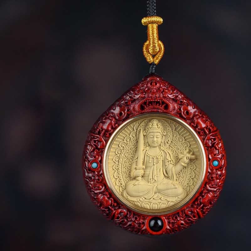 Chinese Zodiac Avalokitesvara Small Leaf Red Sandalwood Ebony Longevity Necklace Pendant