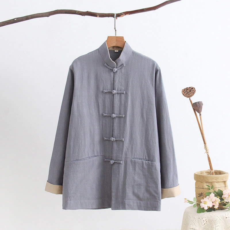 Tang Frog-Button Long Sleeve Shirt Cotton Linen Men's Clothing