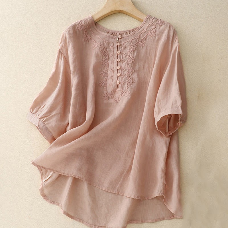 Casual Women's Plain Frog Buckle Design Half Sleeve Cotton Linen Shirt