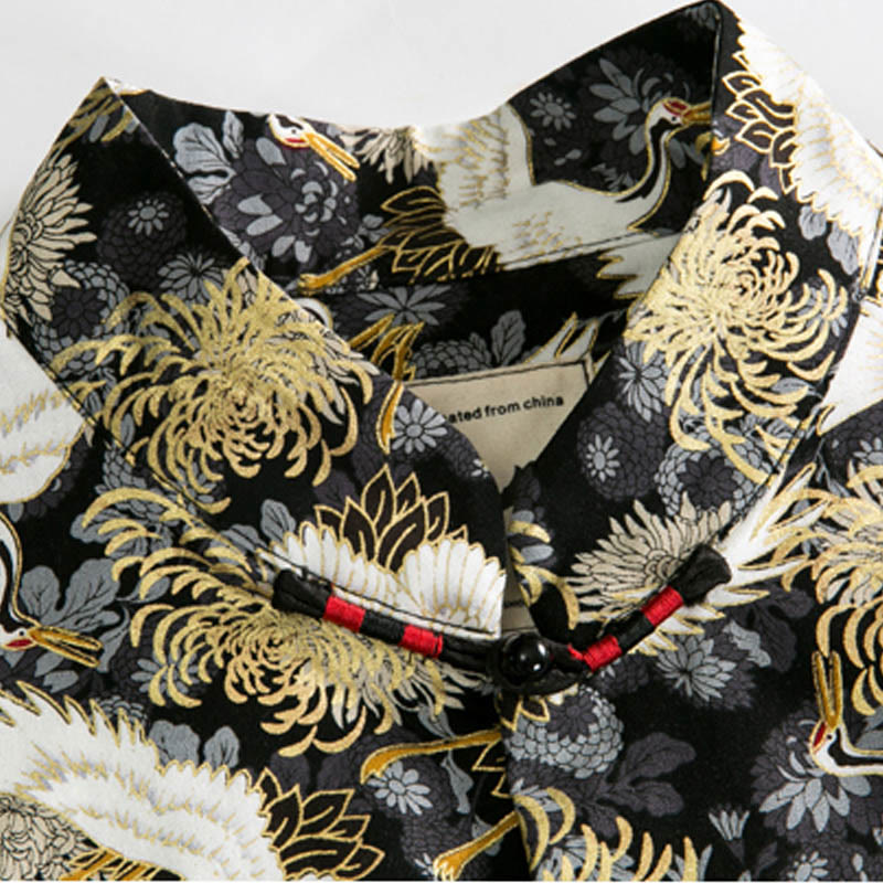 Chinese New Year Flying Crane Chrysanthemum Frog-button Tang Suit Cotton Men's Jacket Shirt With Pockets