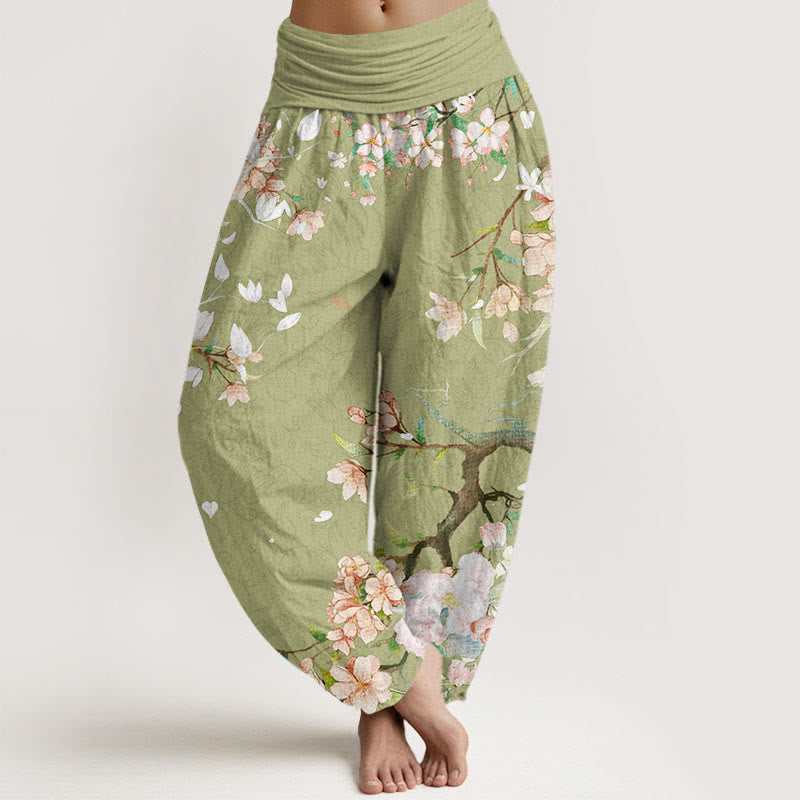 Casual Branch Peach Blossom Women's Elastic Waist Harem Pants