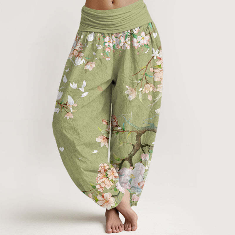 Casual Branch Peach Blossom Women's Elastic Waist Harem Pants