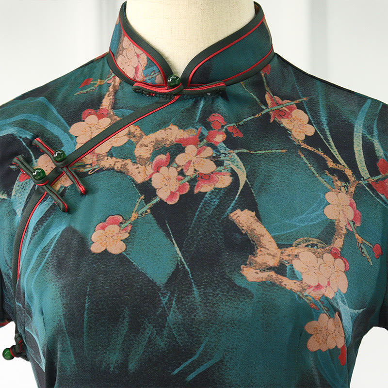 Vintage Pink Flowers Print Cheongsam Dress Women's Qipao Dress