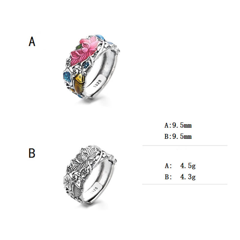 925 Sterling Silver Koi Fish Lotus Flower Prosperity Ring