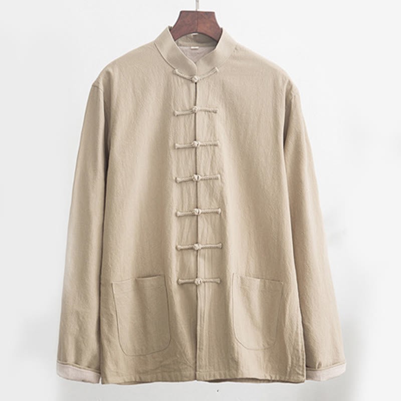 2Pcs Zen Tang Suit Men's Linen Frog-Button Long Sleeve Shirt Pants Set