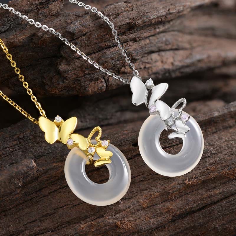 925 Sterling Silver Butterfly Chalcedony Peace Buckle Blessing Luck Necklace Pendant