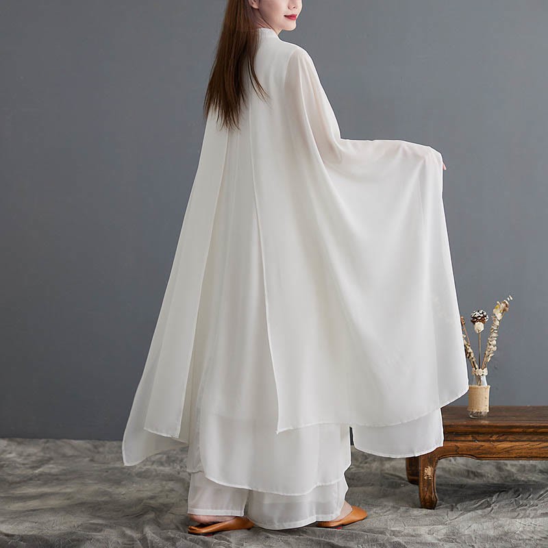 2Pcs Frog-Button Long Sleeve Midi Dress Wide Leg Pants Chiffon Zen Women's Set