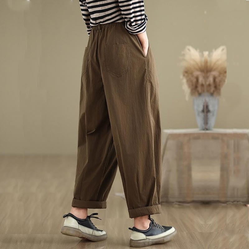 Casual Solid Color One Top Button Elastic Waistband Cotton Linen Women's Pants With Pockets