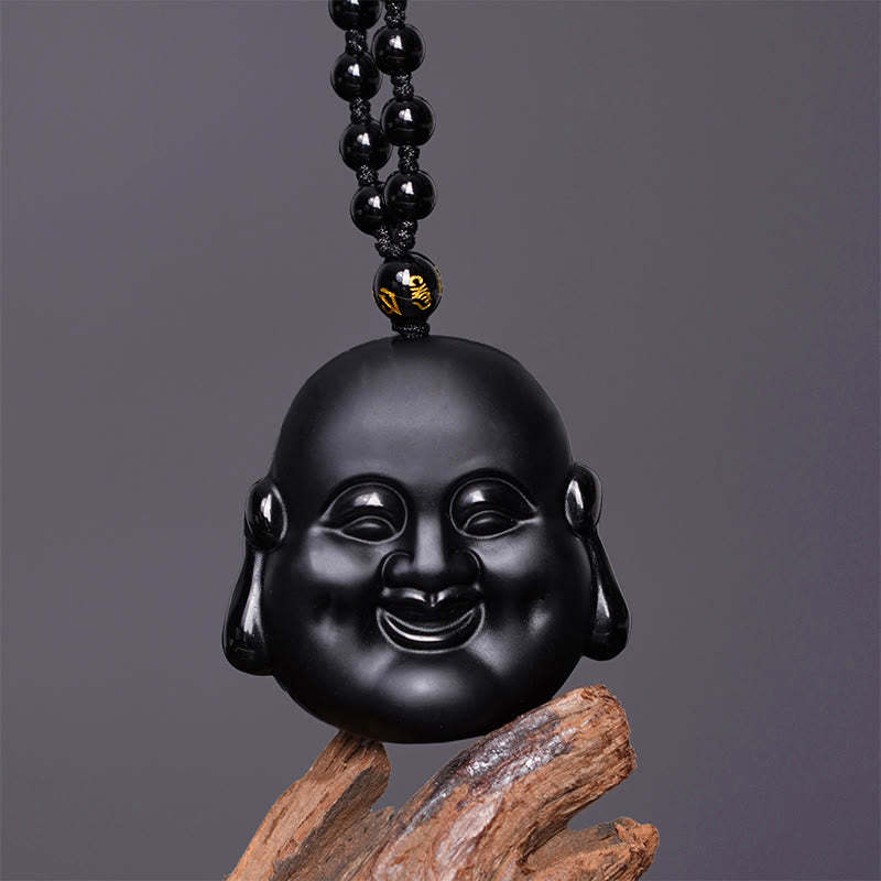 Natural Black Obsidian Laughing mystic zen Purification Necklace Pendant