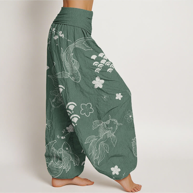 Koi Fish Waves Flowers Design Women's Elastic Waist Harem Pants