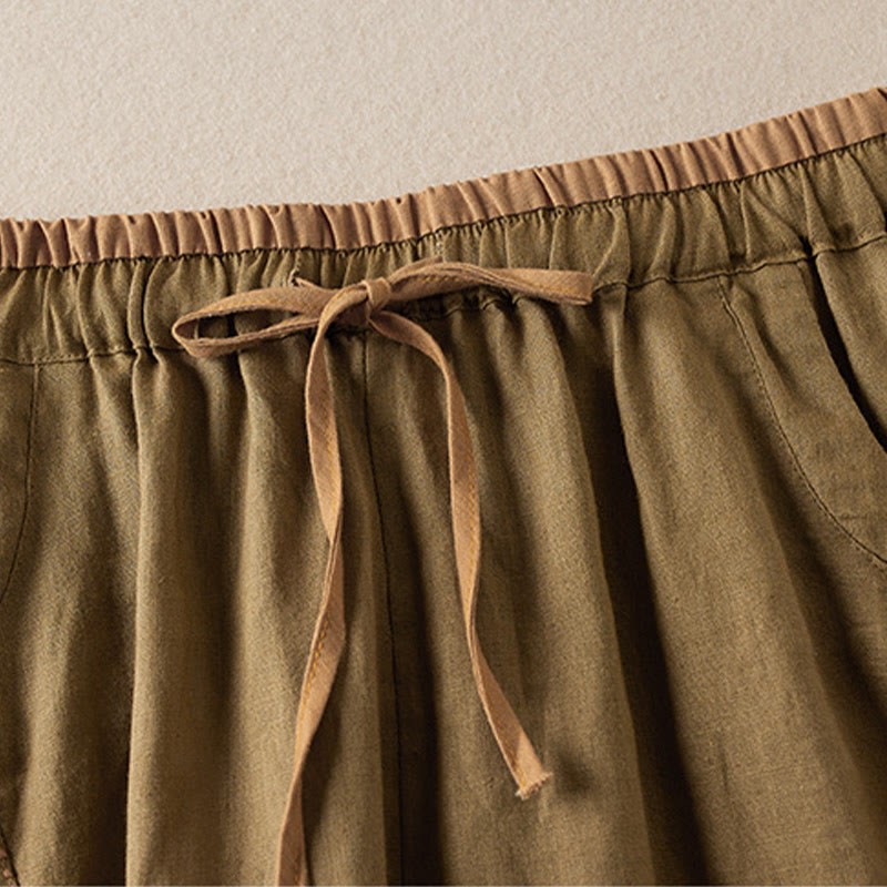 Wild Simple Design Embroidery Drawstring Cotton Linen Women's Shorts With Pockets