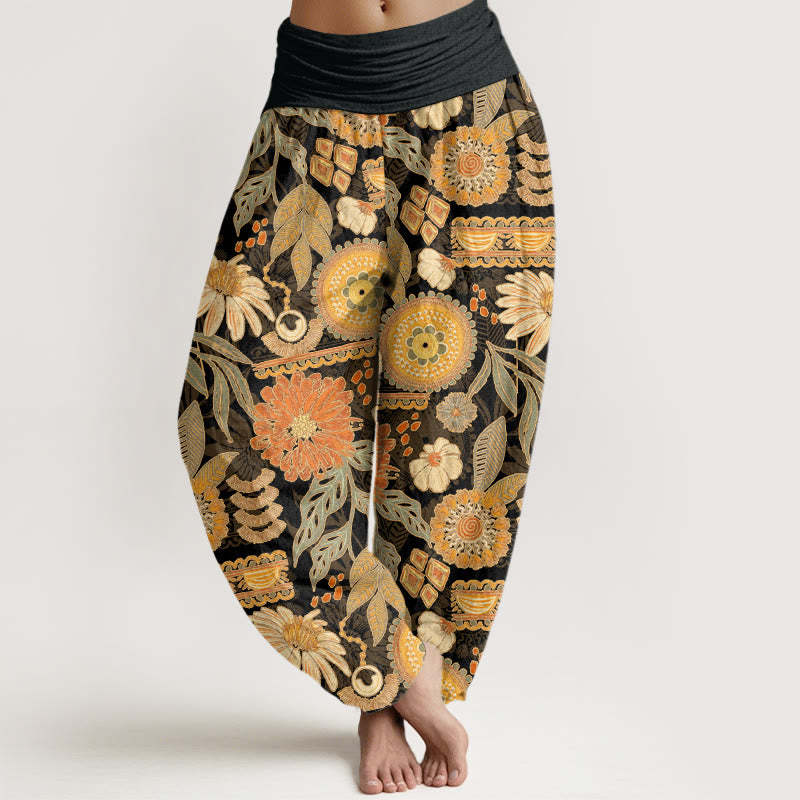 Sunflowers Round Floral Design Women's Elastic Waist Harem Pants