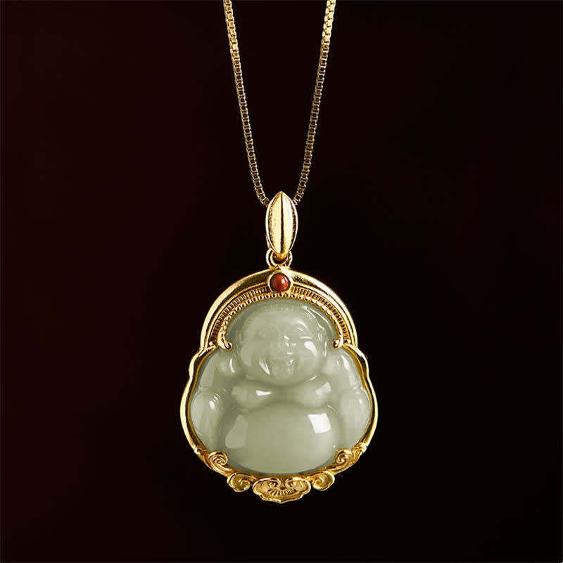 925 Sterling Silver Laughing mystic zen Natural Hetian Jade Luck Prosperity Necklace Pendant