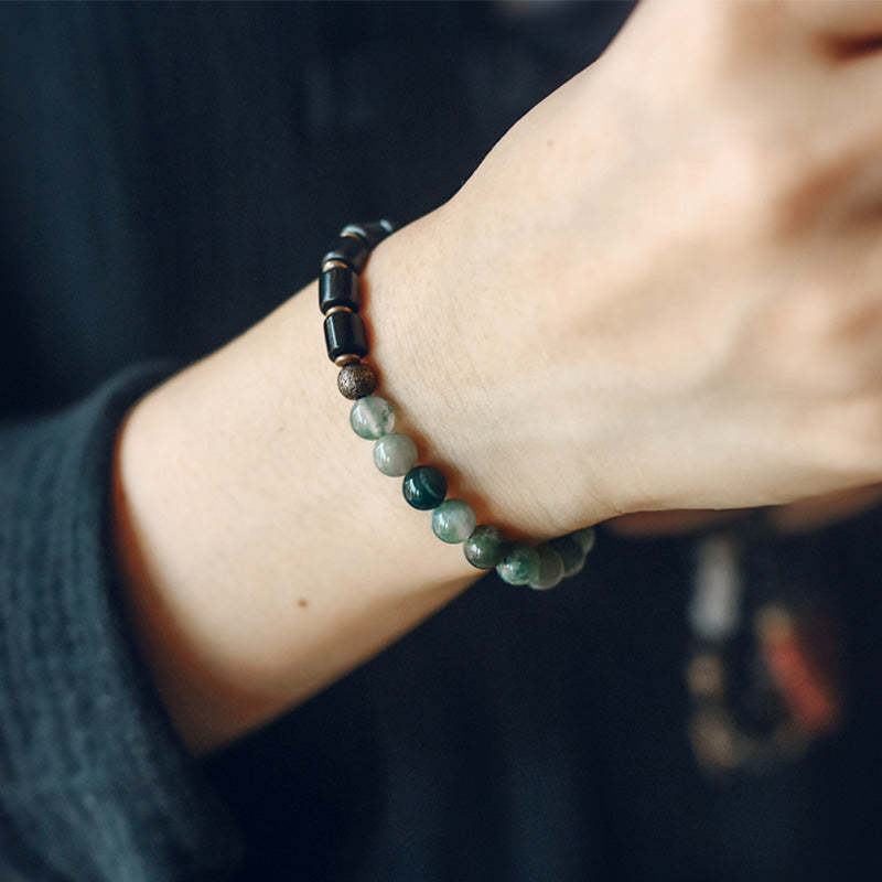 Ebony Wood Red Jasper Moss Agate Crystal Copper Peace Couple Bracelet