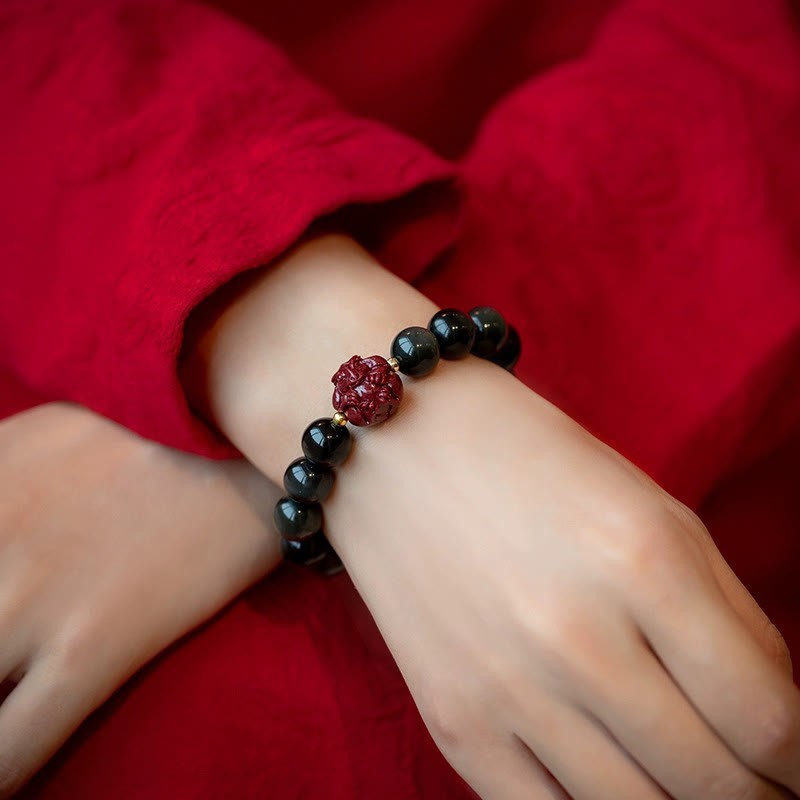 Chinese Zodiac Natural Black Obsidian Cinnabar Purification Bracelet