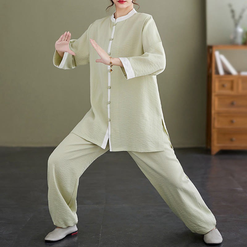 2Pcs Vintage Long Sleeve Shirt Top Pants Meditation Zen Tai Chi Cotton Linen Clothing Women's Set