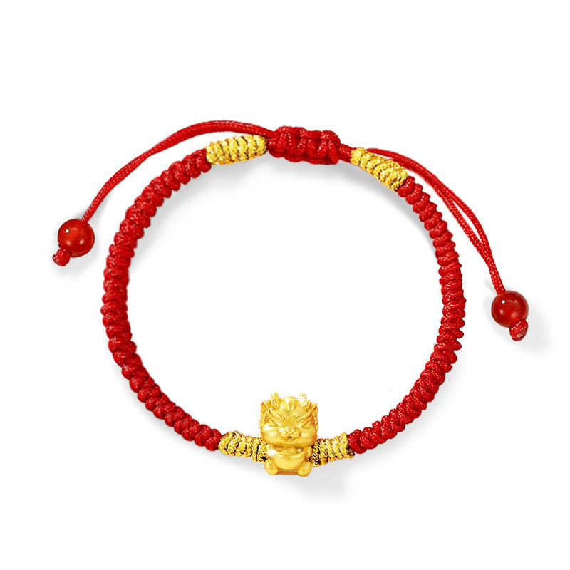 999 Sterling Silver Year of the Dragon Copper Coin Fortune Dragon Fu Character Luck Handcrafted Red String Braided Bracelet