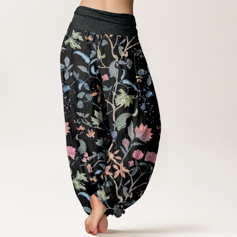 Floral Leaf Vine Design Women's Elastic Waist Harem Pants