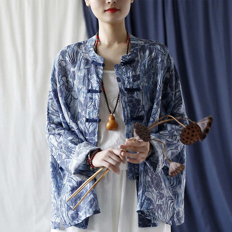 Retro Blue White Flowers Frog-Button Design Long Sleeve Ramie Linen Jacket Shirt