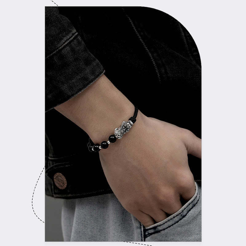 999 Sterling Silver FengShui PiXiu Natural Black Obsidian 925 Sterling Silver Bead Strength Bracelet