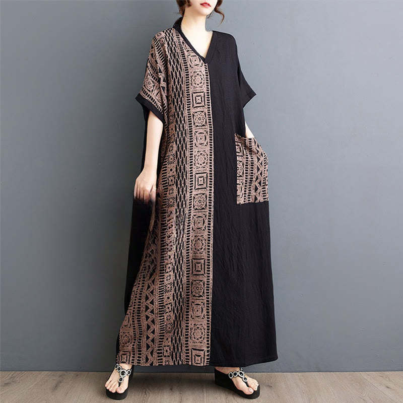 Casual Loose Printing Dyeing Cotton Linen V-neck Half Sleeve Design Midi Dress With Pockets