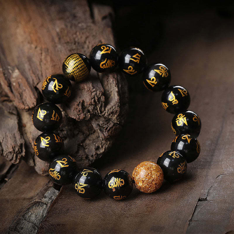 Six True Words Om Mani Padme Hum Rainbow Obsidian Gold Foil Creativity Bracelet