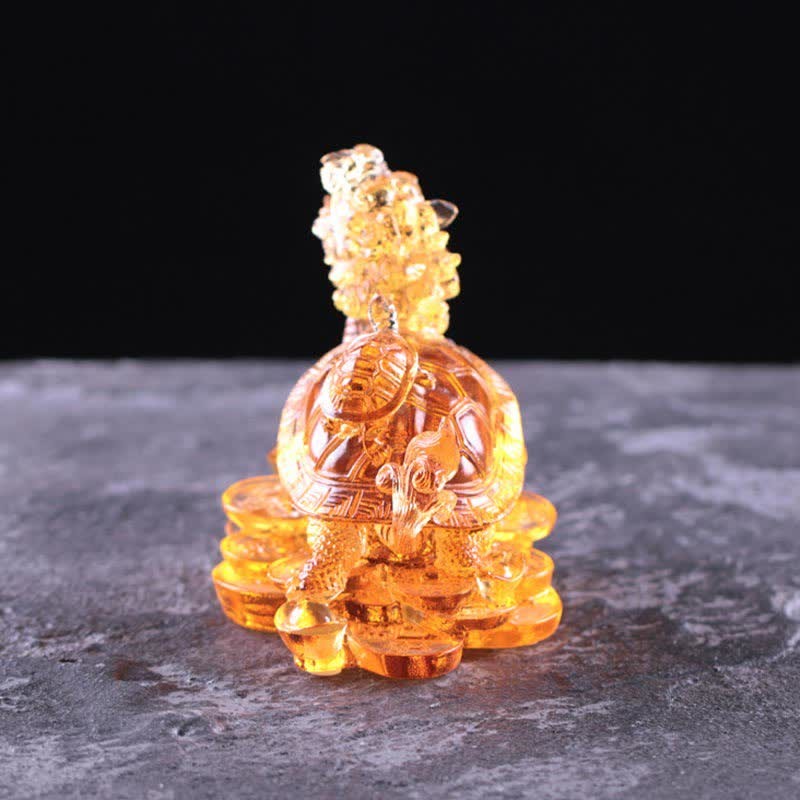 Feng Shui Dragon Turtle Coins Handmade Liuli Crystal Luck Art Piece Home Office Decoration