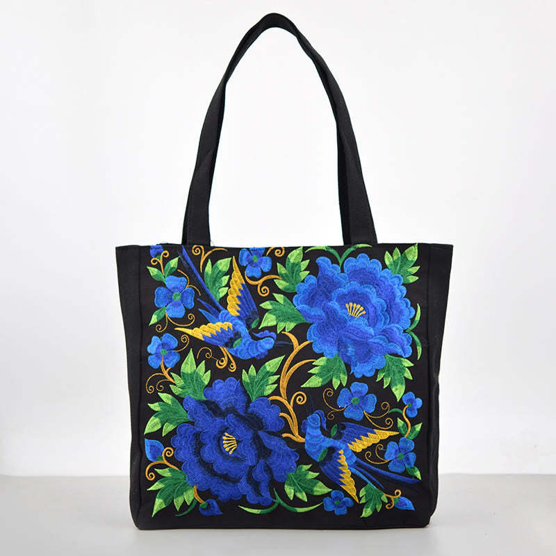 Galsang Magpie Peony Camellia Chrysanthemum Embroidery Canvas Shopping Purse Handbag Shoulder Bag