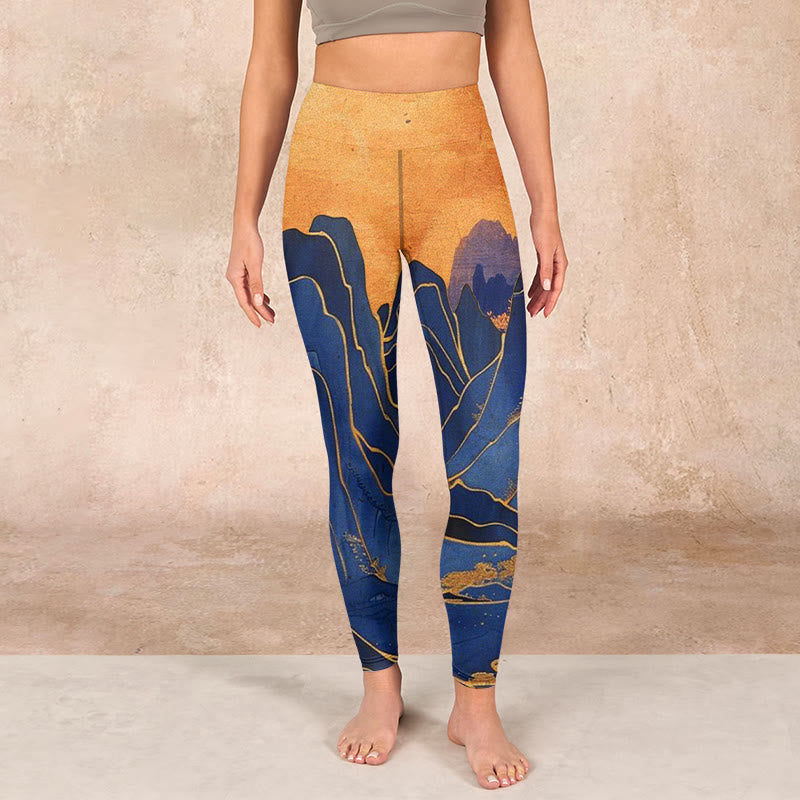 Dark Blue Mountain Sunset Print Fitness Leggings Women's Yoga Pants