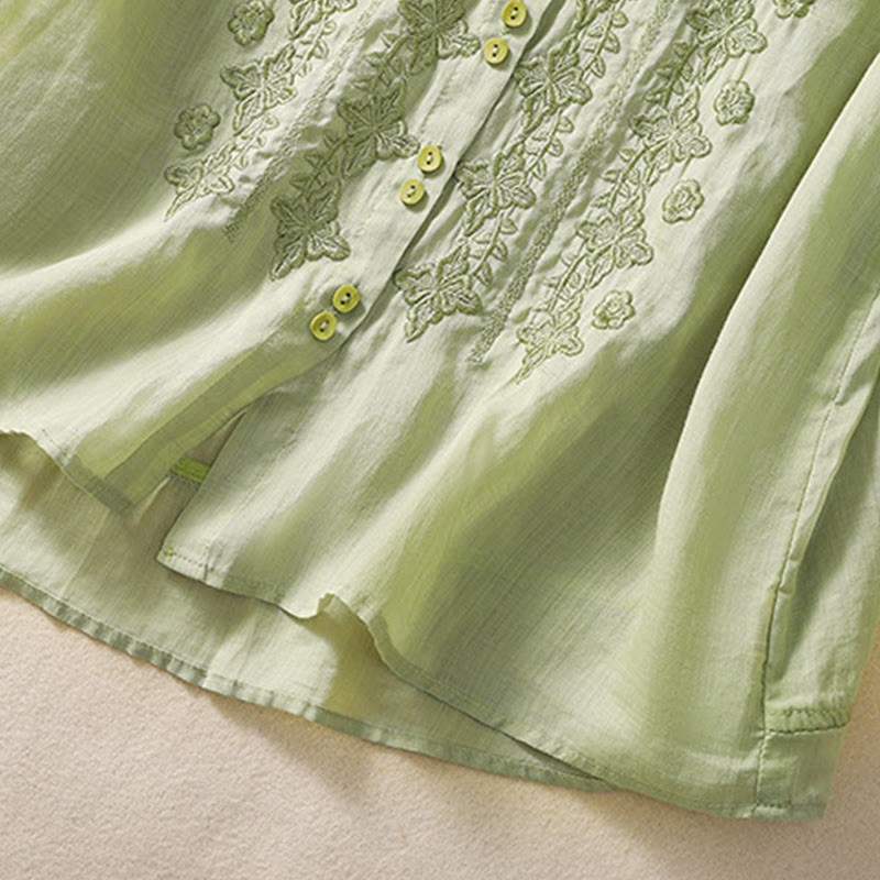 Summer Plain Button Embroidery Flower Pattern Three Quarter Sleeve Lapel Cotton Linen Women's Shirt